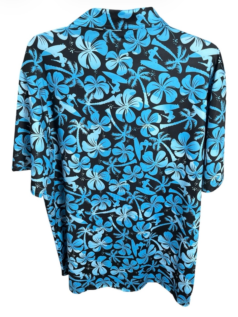 Men’s L Hawaiian Tropical Hibiscus Palm Tree Surf Polo Shirt Blue Black 23” Pit - Picture 2 of 5